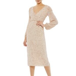 Mac Duggal Long Sleeve Sequin Midi Cocktail Dress Nude Blush Pink Size 4
